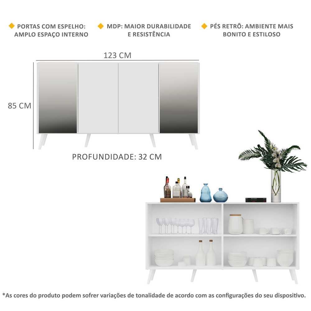 Aparador Buffet 4 Portas com Espelho Retrô Vegas Multimóveis V3562 Branco
