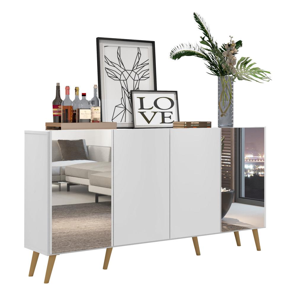 Aparador Buffet 4 Portas com Espelho Retrô Vegas Multimóveis V3562 Branco/Natural