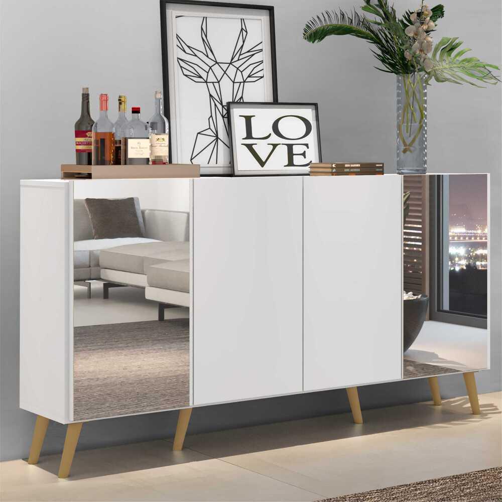 Aparador Buffet 4 Portas com Espelho Retrô Vegas Multimóveis V3562 Branco/Natural