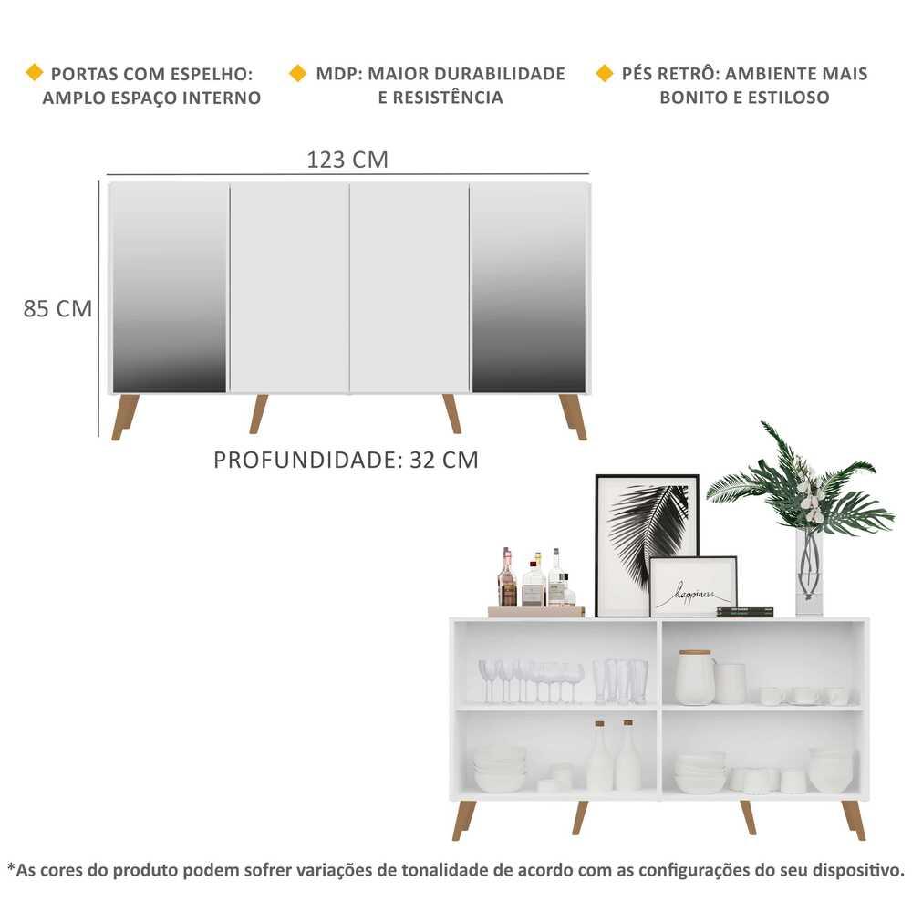 Aparador Buffet 4 Portas com Espelho Retrô Vegas Multimóveis V3562 Branco/Natural