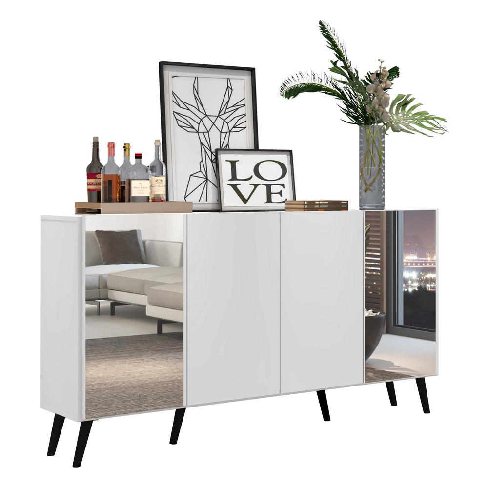Aparador Buffet 4 Portas com Espelho Retrô Vegas Multimóveis V3562 Branco/Preto