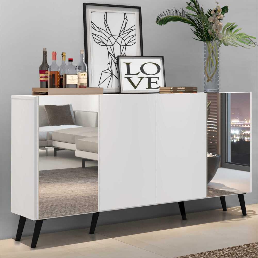Aparador Buffet 4 Portas com Espelho Retrô Vegas Multimóveis V3562 Branco/Preto