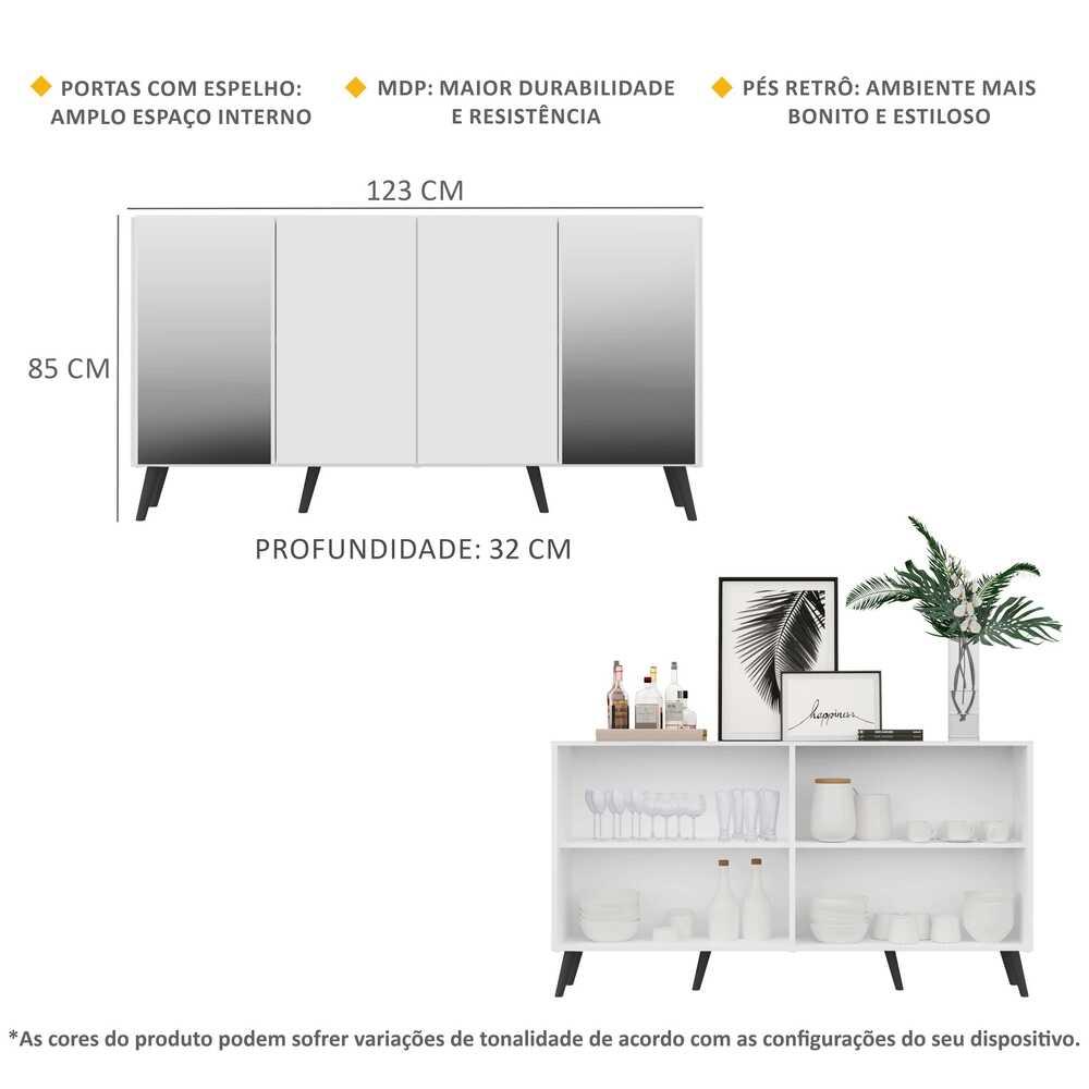 Aparador Buffet 4 Portas com Espelho Retrô Vegas Multimóveis V3562 Branco/Preto