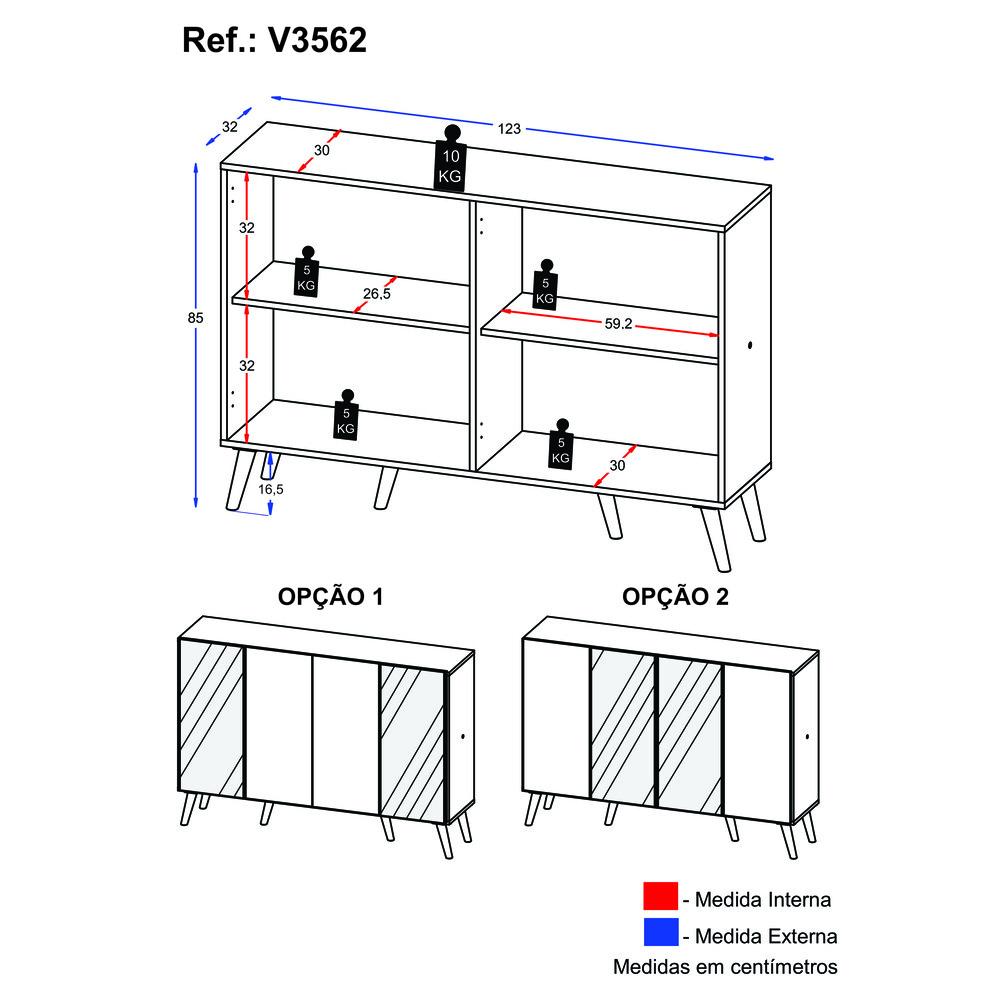 Aparador Buffet 4 Portas com Espelho Retrô Vegas Multimóveis V3562 Branco/Preto
