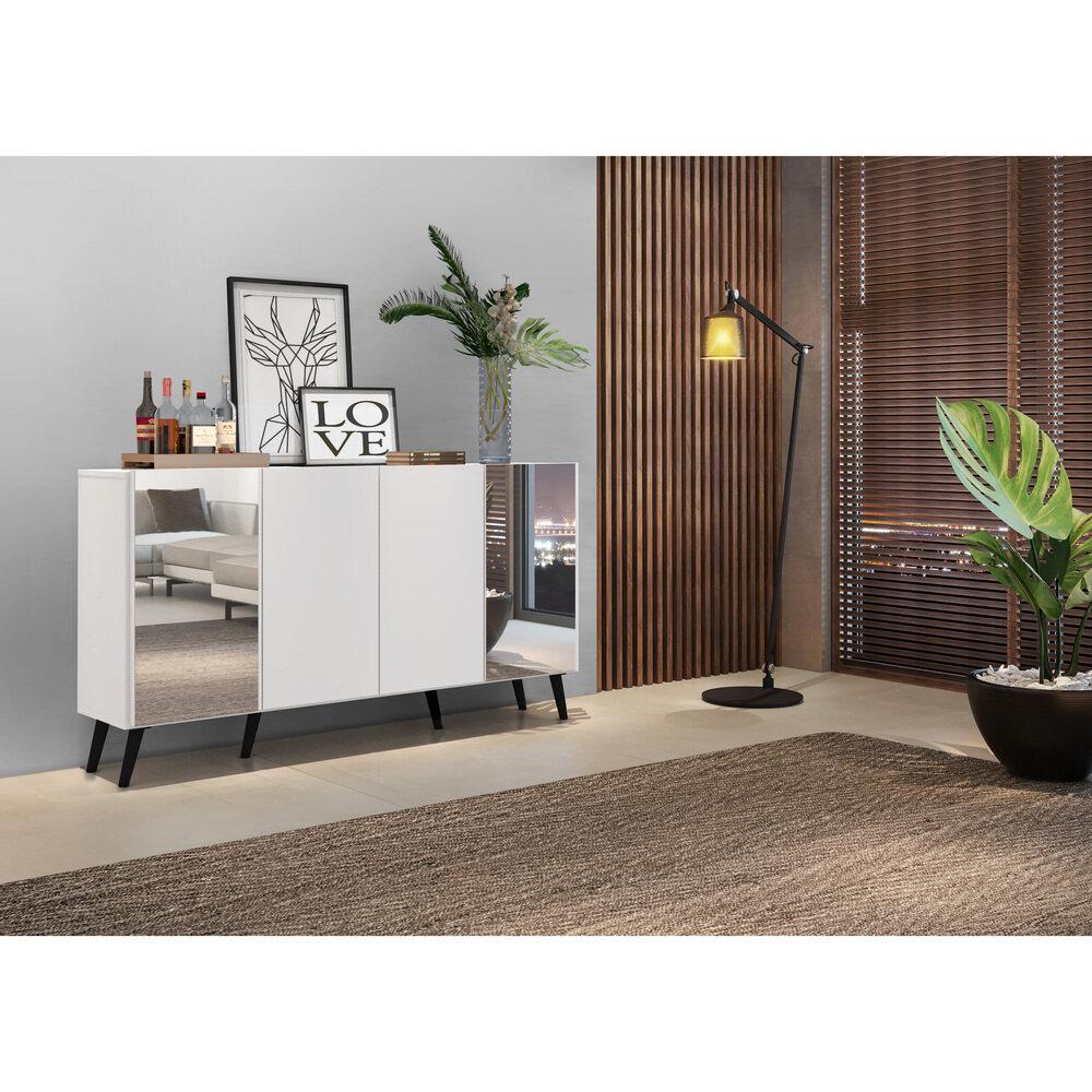 Aparador Buffet 4 Portas com Espelho Retrô Vegas Multimóveis V3562 Branco/Preto