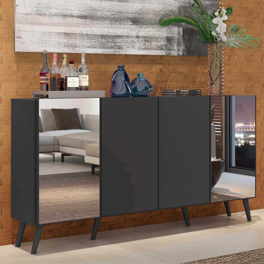 Aparador Buffet 4 Portas com Espelho Retrô Vegas Multimóveis V3562 Preto