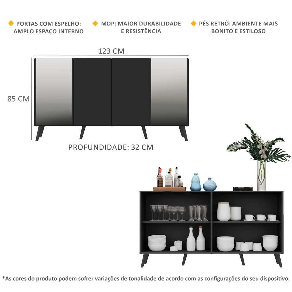 Aparador Buffet 4 Portas com Espelho Retrô Vegas Multimóveis V3562 Preto