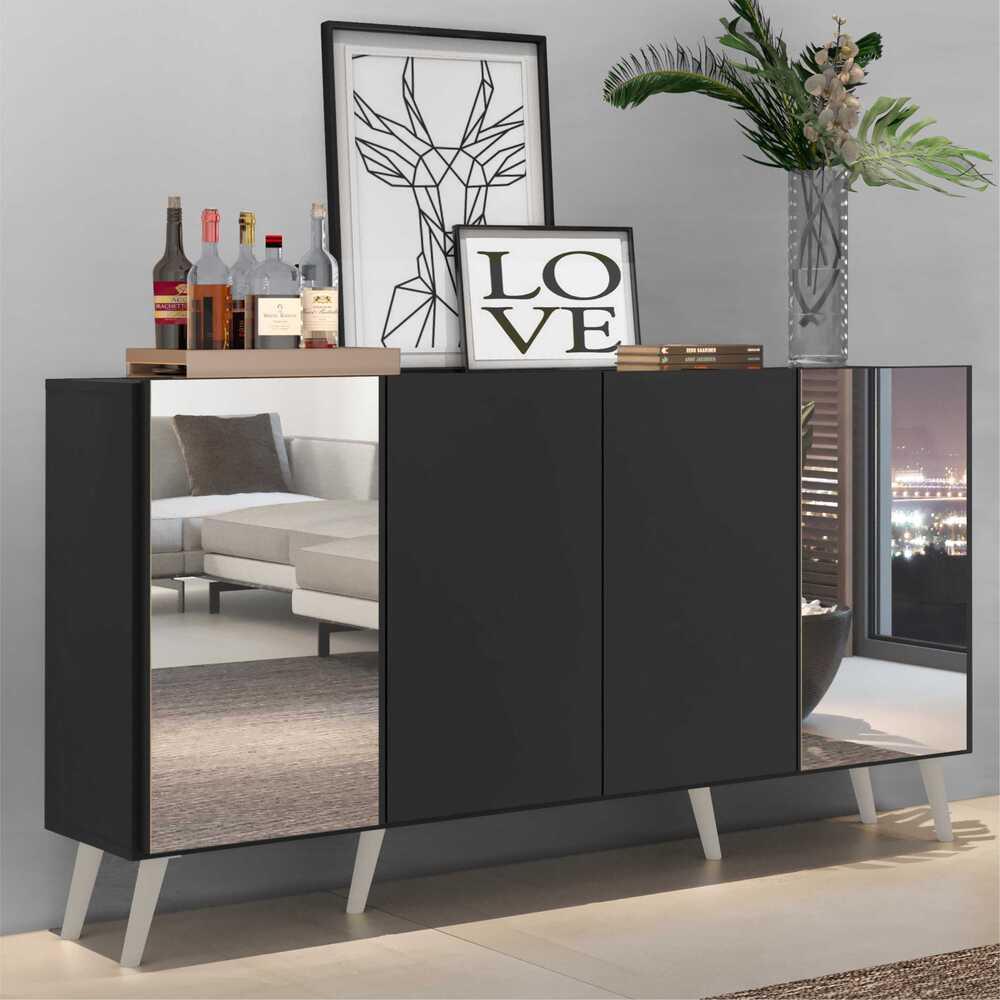 Aparador Buffet 4 Portas com Espelho Retrô Vegas Multimóveis V3562 Preto/Branco