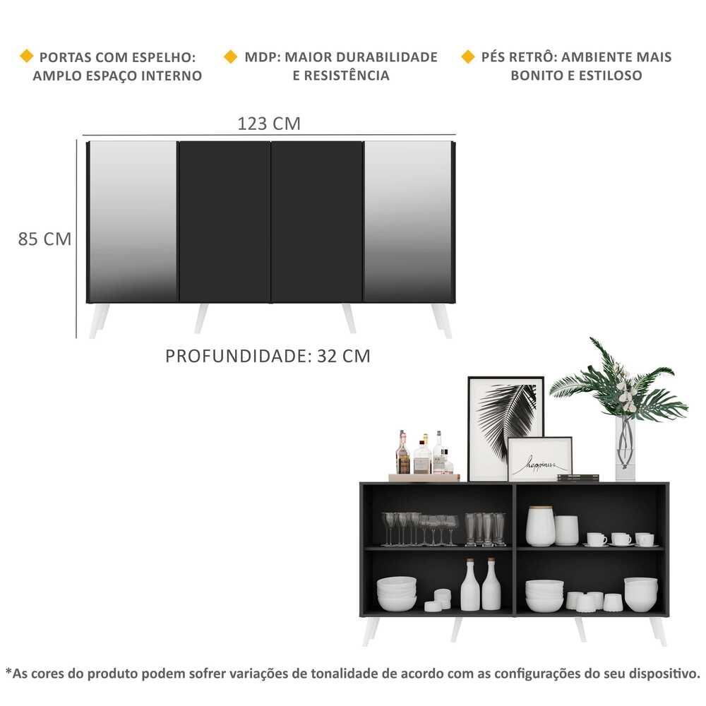 Aparador Buffet 4 Portas com Espelho Retrô Vegas Multimóveis V3562 Preto/Branco