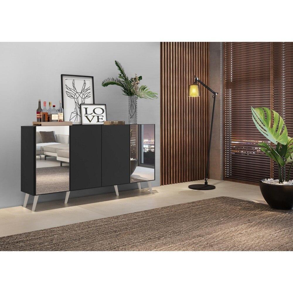 Aparador Buffet 4 Portas com Espelho Retrô Vegas Multimóveis V3562 Preto/Branco