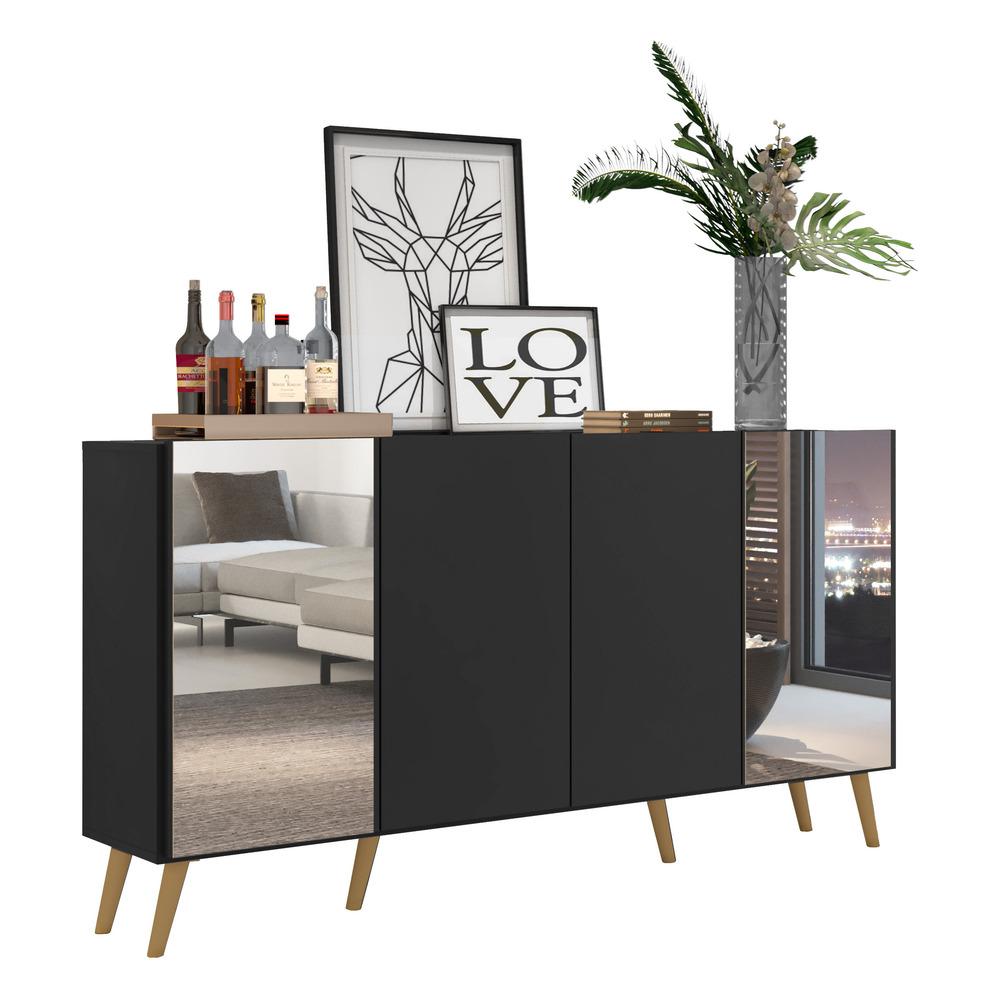Aparador Buffet 4 Portas com Espelho Retrô Vegas Multimóveis V3562 Preto/Natural