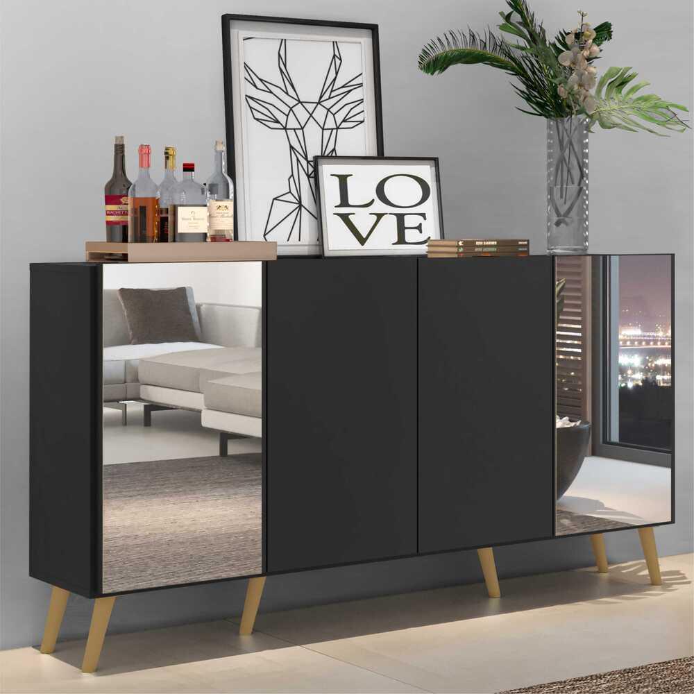 Aparador Buffet 4 Portas com Espelho Retrô Vegas Multimóveis V3562 Preto/Natural