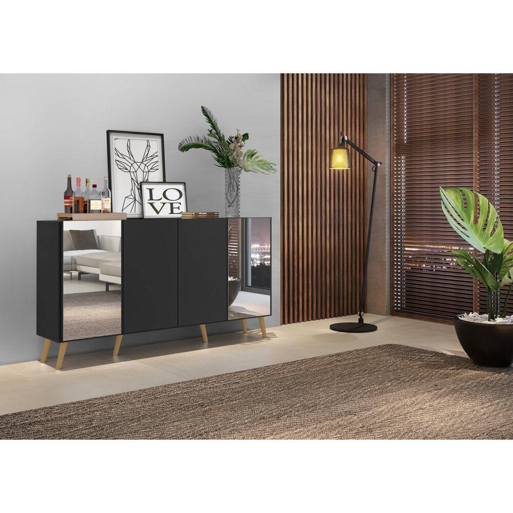 Aparador Buffet 4 Portas com Espelho Retrô Vegas Multimóveis V3562 Preto/Natural