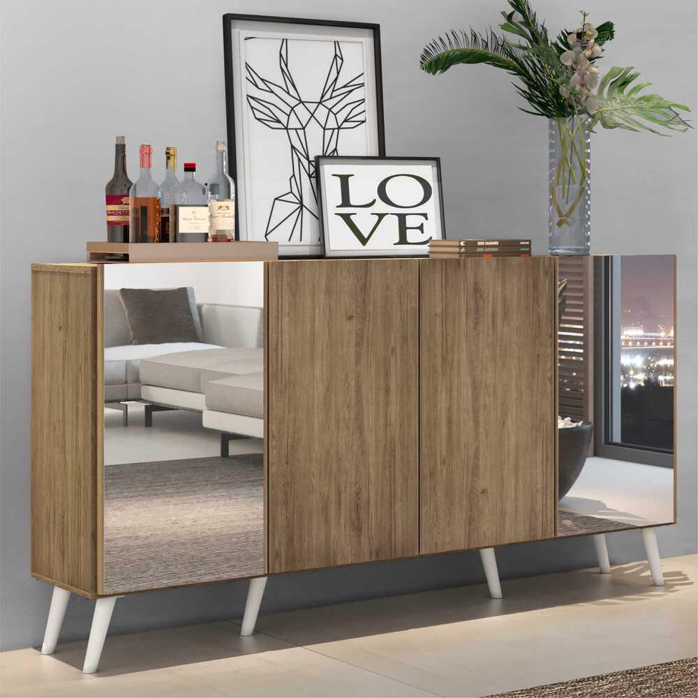 Aparador Buffet 4 Portas com Espelho Retrô Vegas Multimóveis V3562 Rustic/Branco