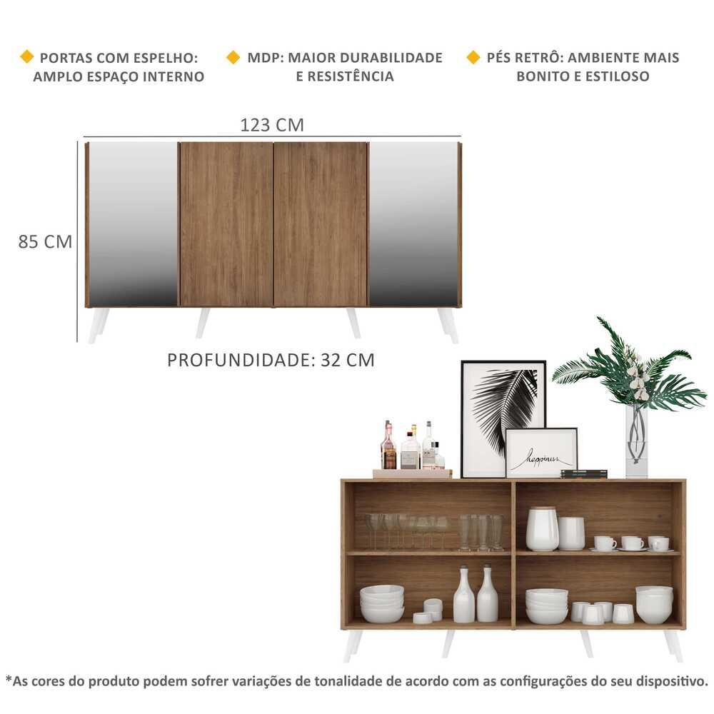 Aparador Buffet 4 Portas com Espelho Retrô Vegas Multimóveis V3562 Rustic/Branco