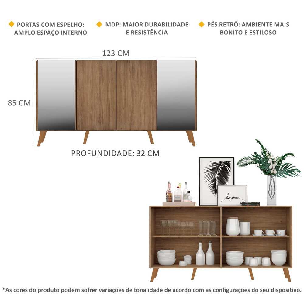 Aparador Buffet 4 Portas com Espelho Retrô Vegas Multimóveis V3562 Rustic/Natural
