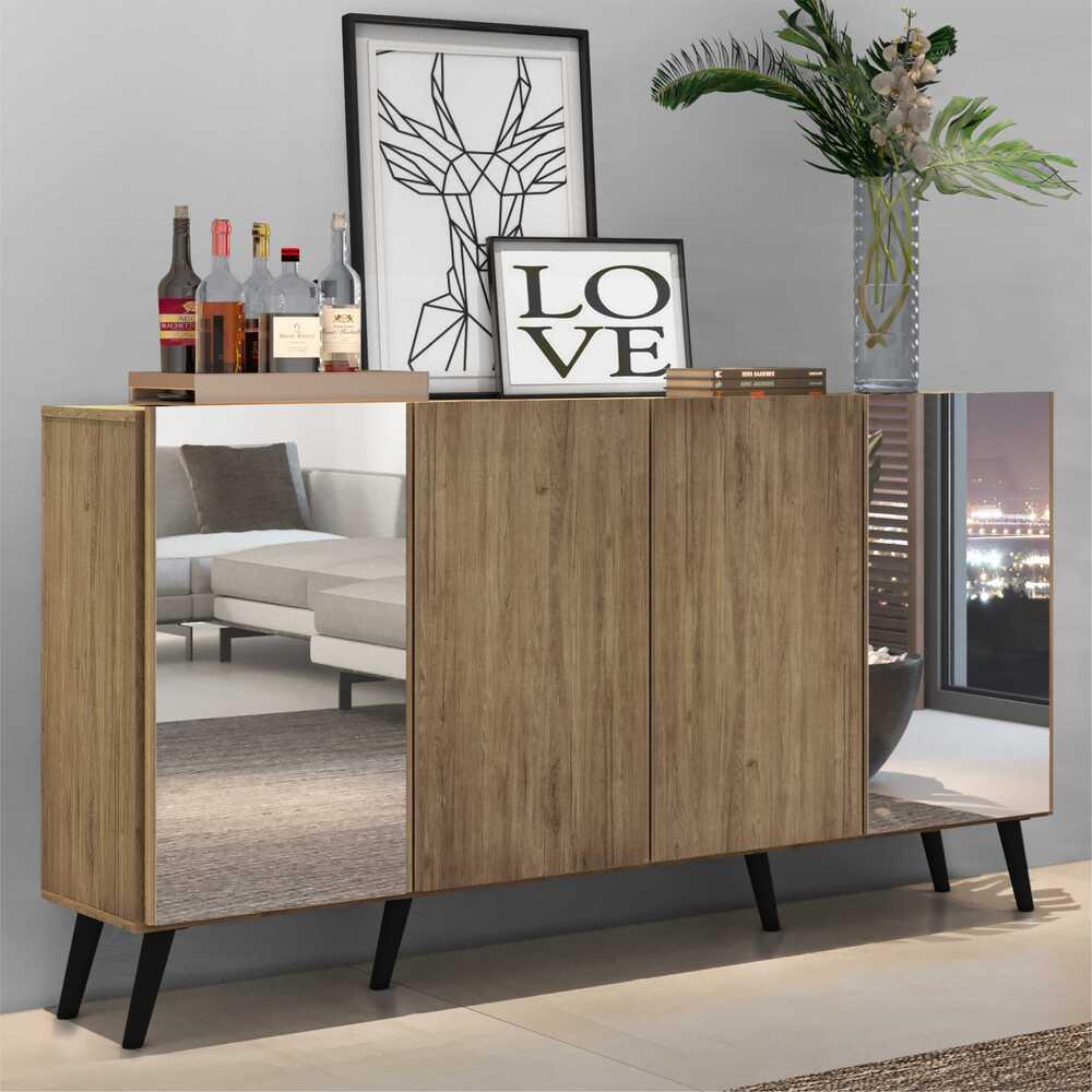 Aparador Buffet 4 Portas com Espelho Retrô Vegas Multimóveis V3562 Rustic/Preto