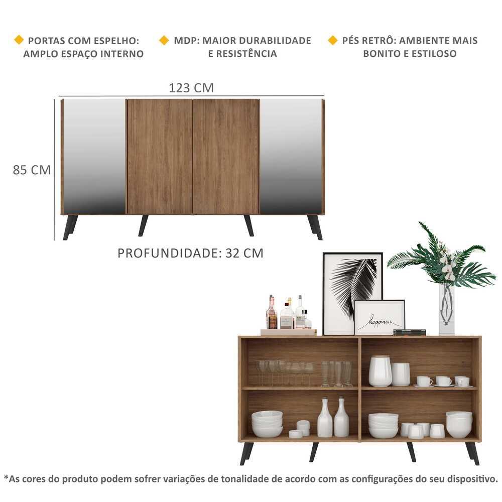 Aparador Buffet 4 Portas com Espelho Retrô Vegas Multimóveis V3562 Rustic/Preto