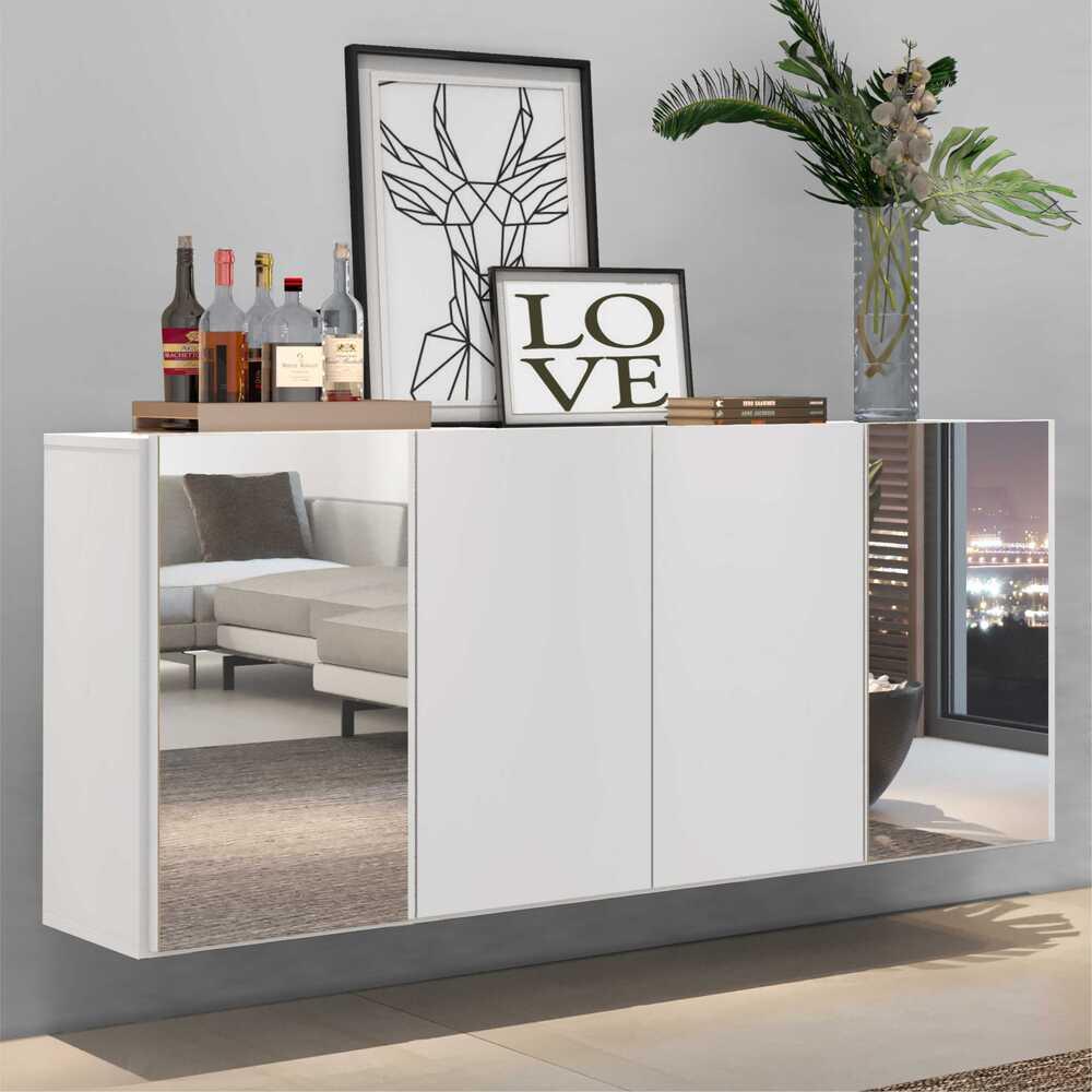Aparador Buffet 4 Portas com Espelho Suspenso Vegas Multimóveis V3595 Branco