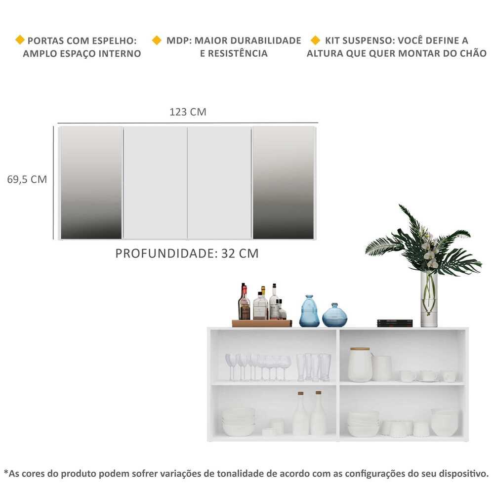 Aparador Buffet 4 Portas com Espelho Suspenso Vegas Multimóveis V3595 Branco