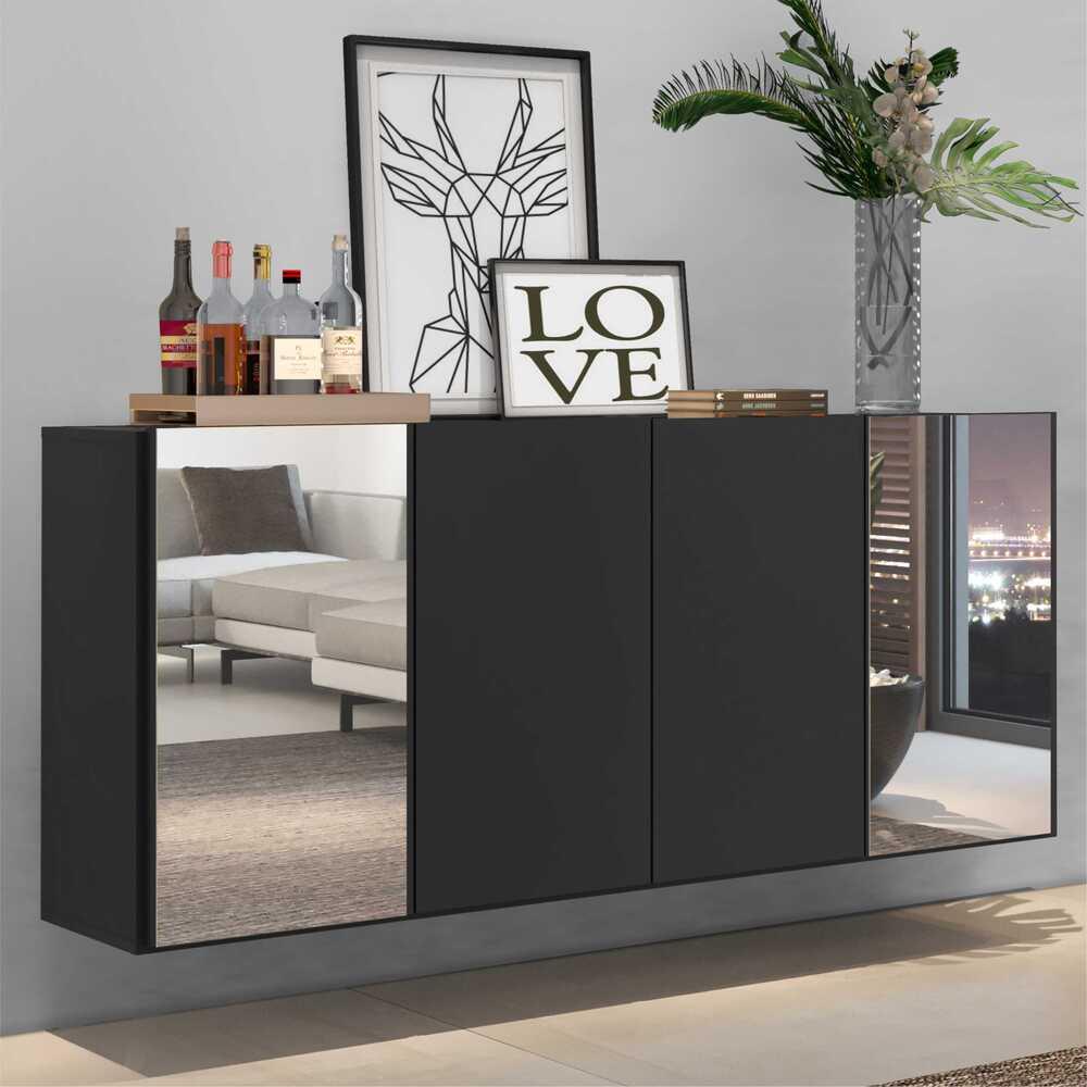 Aparador Buffet 4 Portas com Espelho Suspenso Vegas Multimóveis V3595 Preto