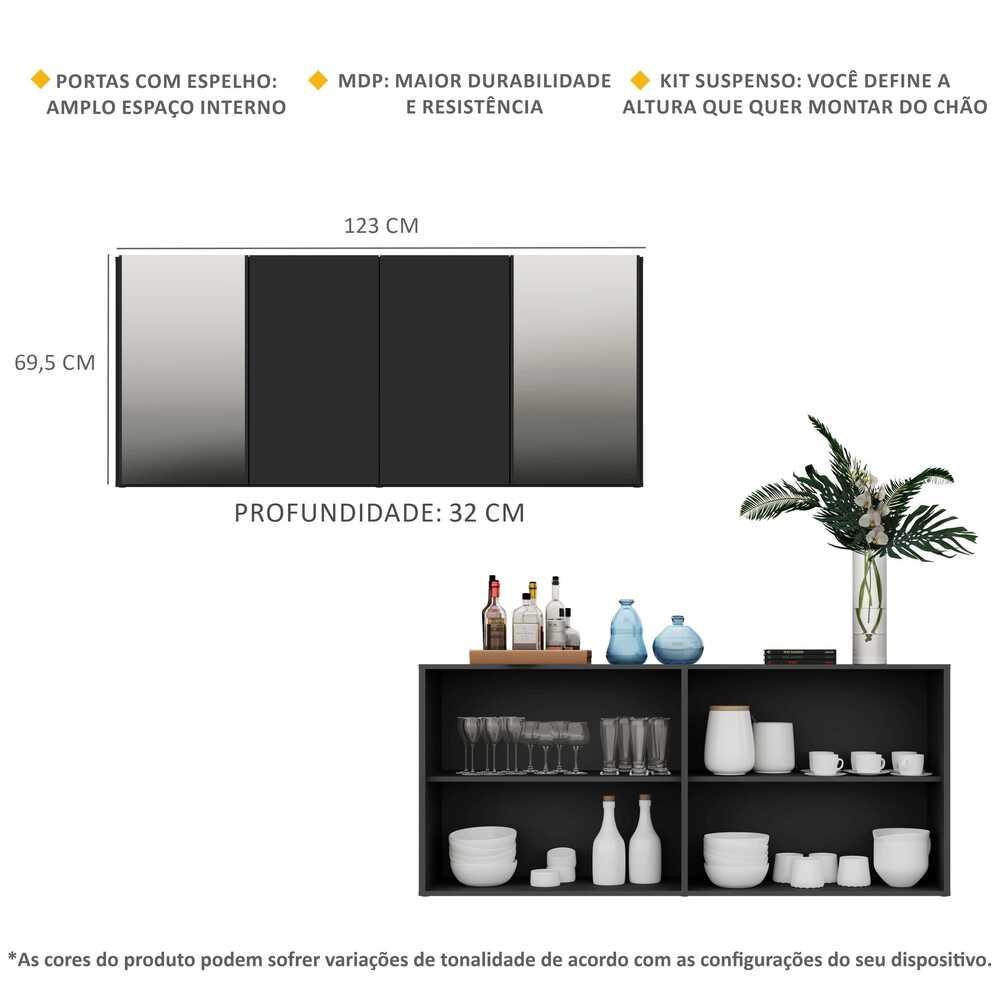 Aparador Buffet 4 Portas com Espelho Suspenso Vegas Multimóveis V3595 Preto
