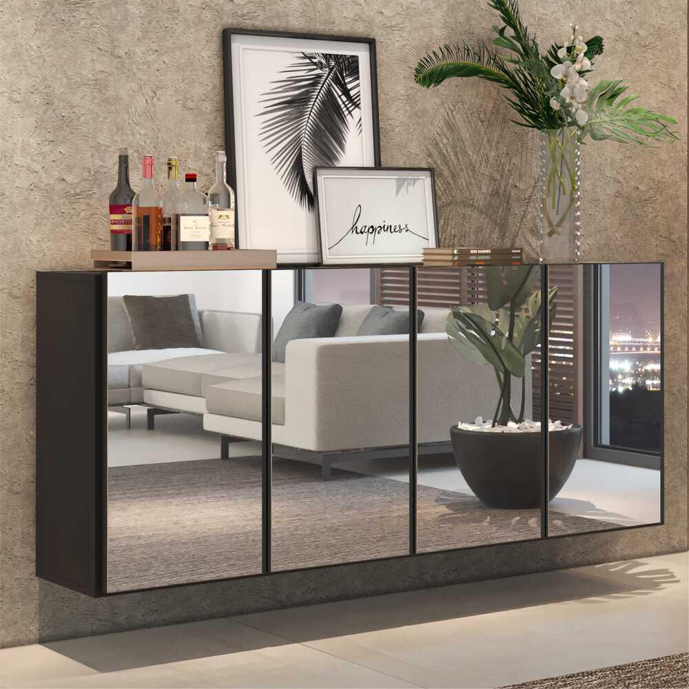 Aparador Buffet 4 Portas com Espelho Suspenso Vegas Multimóveis V3596 Preto