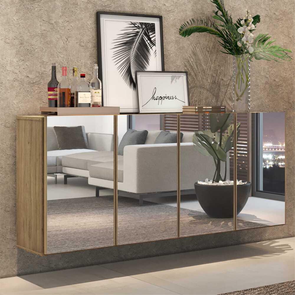 Aparador Buffet 4 Portas com Espelho Suspenso Vegas Multimóveis V3596 Rustic