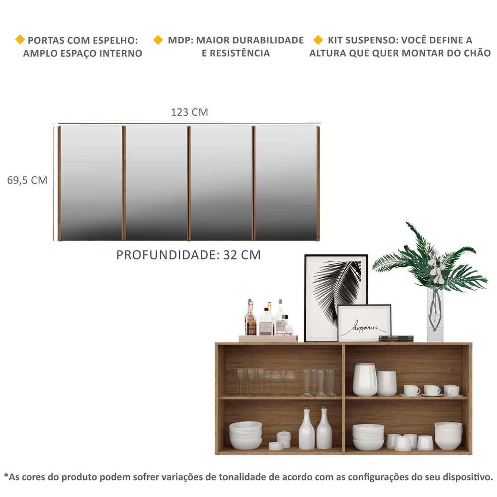 Aparador Buffet 4 Portas com Espelho Suspenso Vegas Multimóveis V3596 Rustic