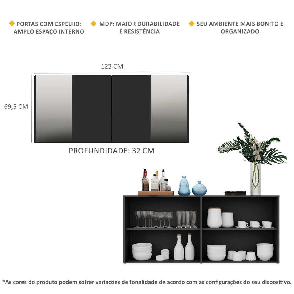 Aparador Buffet 4 Portas com Espelho Vegas Multimóveis V3561 Preto
