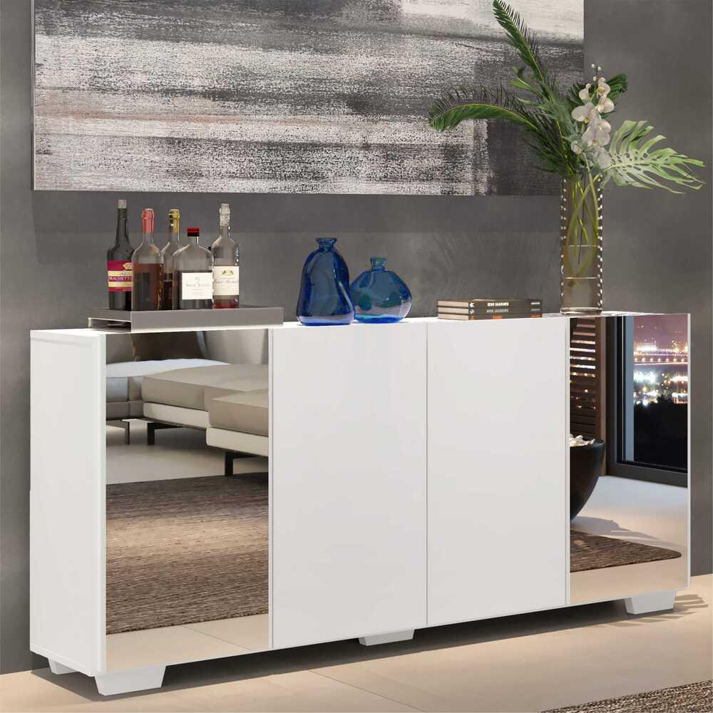 Aparador Buffet 4 Portas com Espelho e Pés Quadrados Vegas Multimóveis V3563 Branco