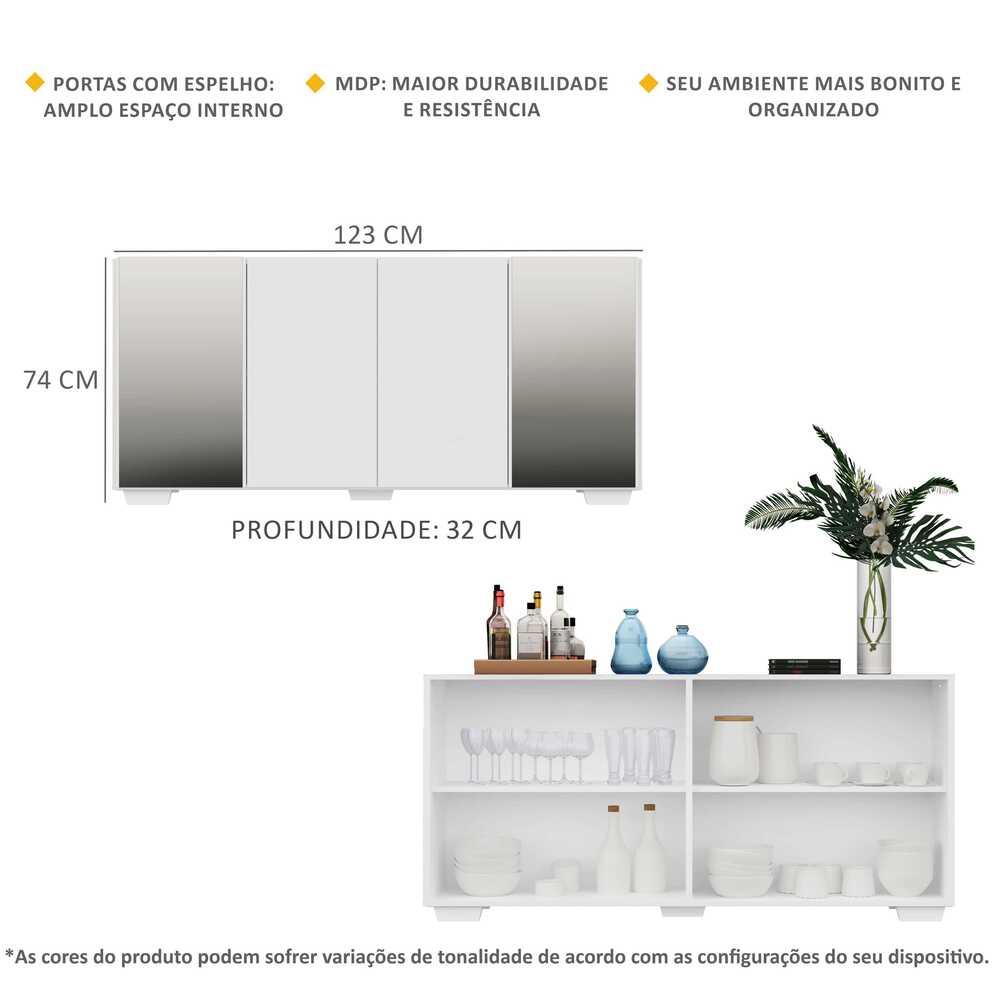Aparador Buffet 4 Portas com Espelho e Pés Quadrados Vegas Multimóveis V3563 Branco