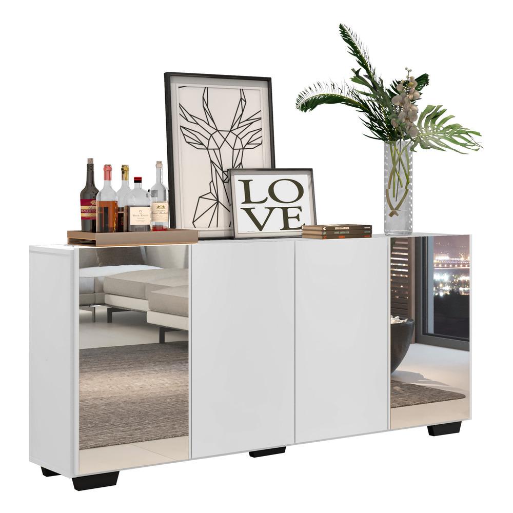 Aparador Buffet 4 Portas com Espelho e Pés Quadrados Vegas Multimóveis V3563 Branco/Preto