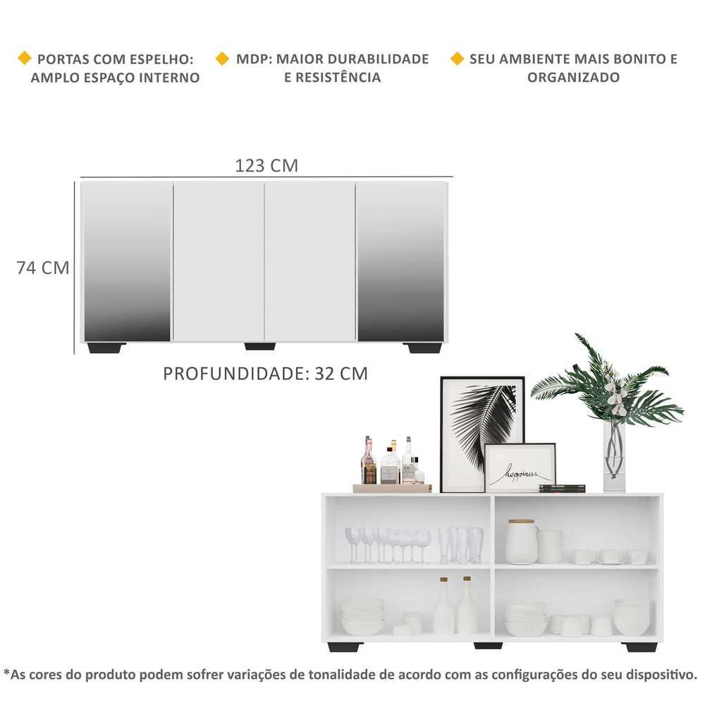 Aparador Buffet 4 Portas com Espelho e Pés Quadrados Vegas Multimóveis V3563 Branco/Preto