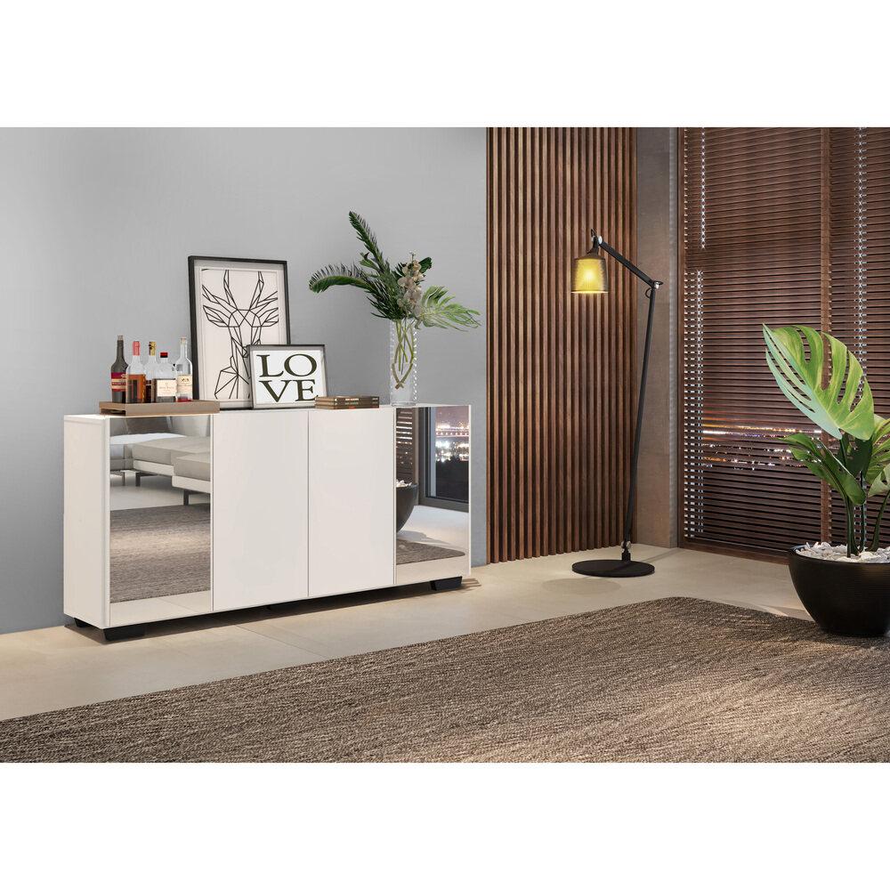 Aparador Buffet 4 Portas com Espelho e Pés Quadrados Vegas Multimóveis V3563 Branco/Preto