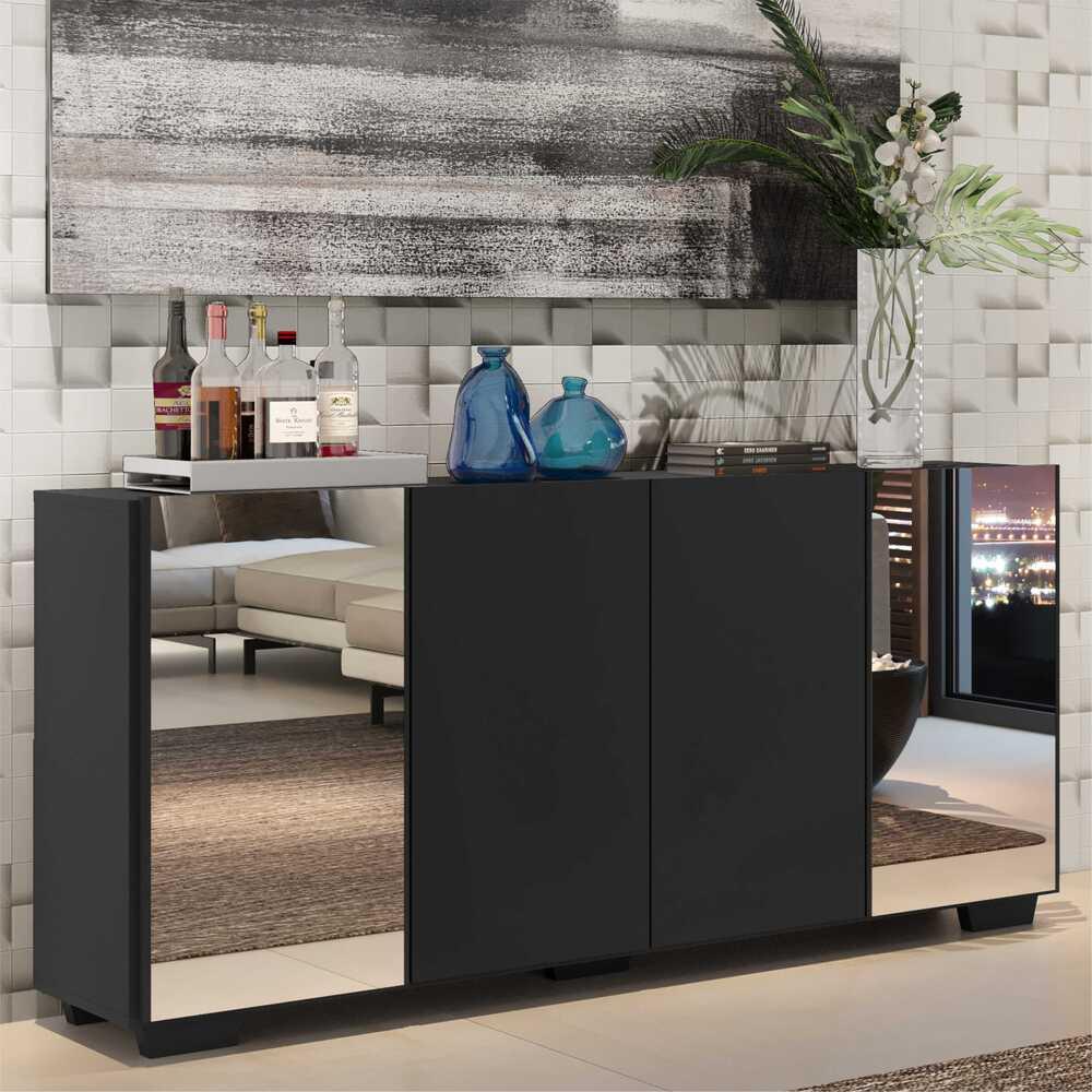 Aparador Buffet 4 Portas com Espelho e Pés Quadrados Vegas Multimóveis V3563 Preto