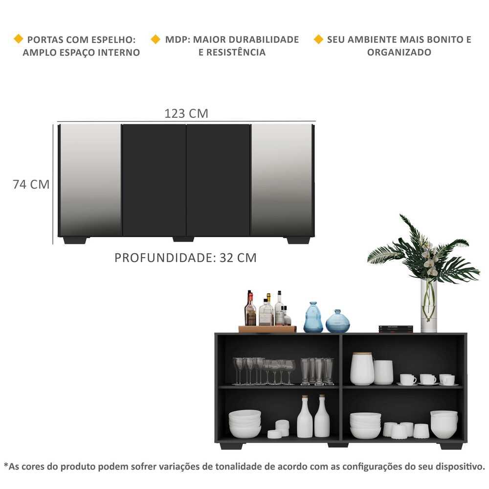 Aparador Buffet 4 Portas com Espelho e Pés Quadrados Vegas Multimóveis V3563 Preto