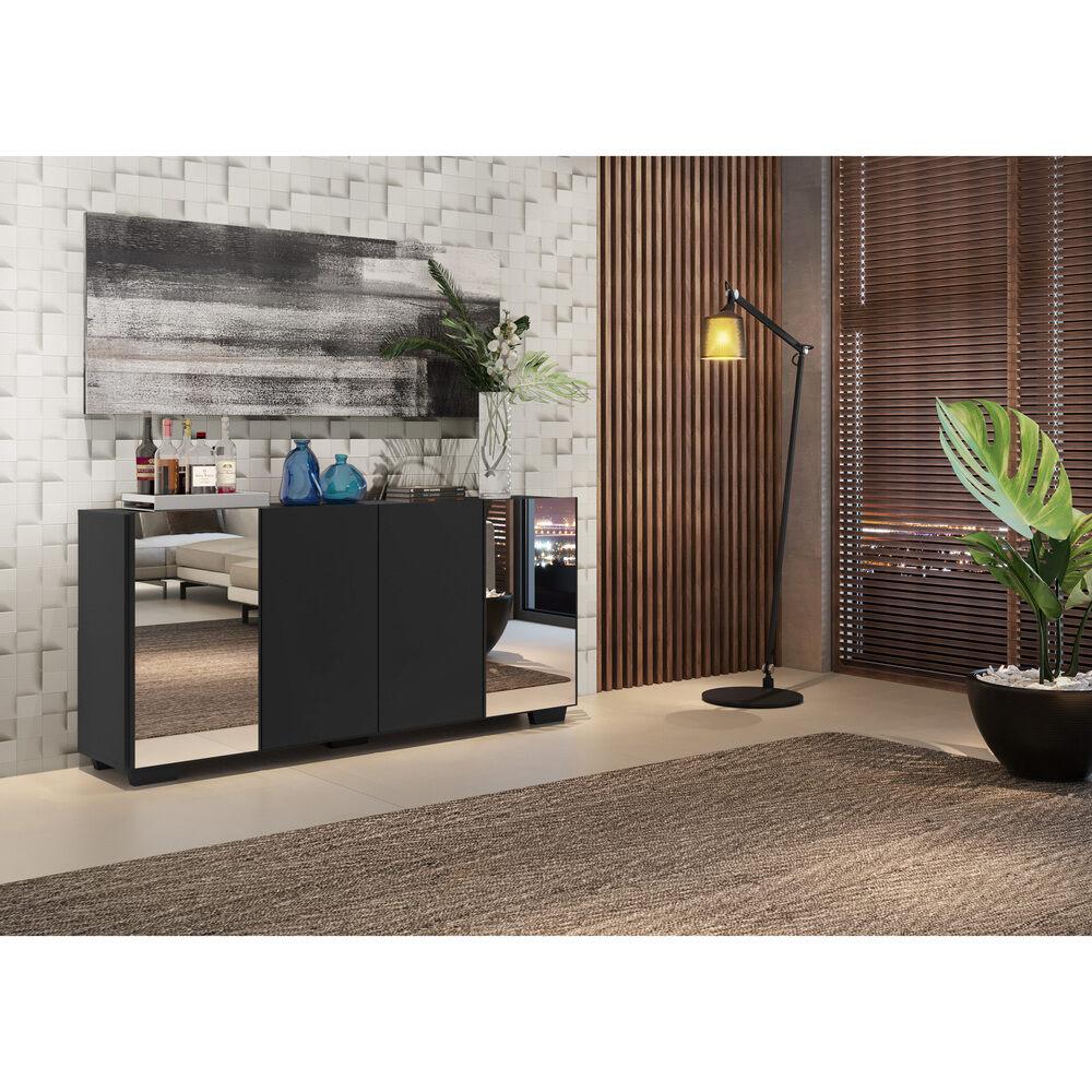 Aparador Buffet 4 Portas com Espelho e Pés Quadrados Vegas Multimóveis V3563 Preto