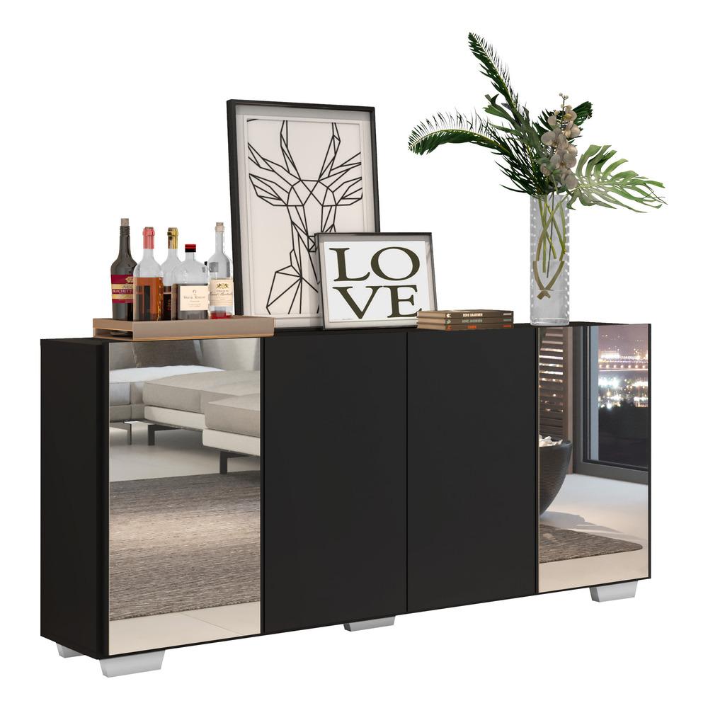 Aparador Buffet 4 Portas com Espelho e Pés Quadrados Vegas Multimóveis V3563 Preto/Branco