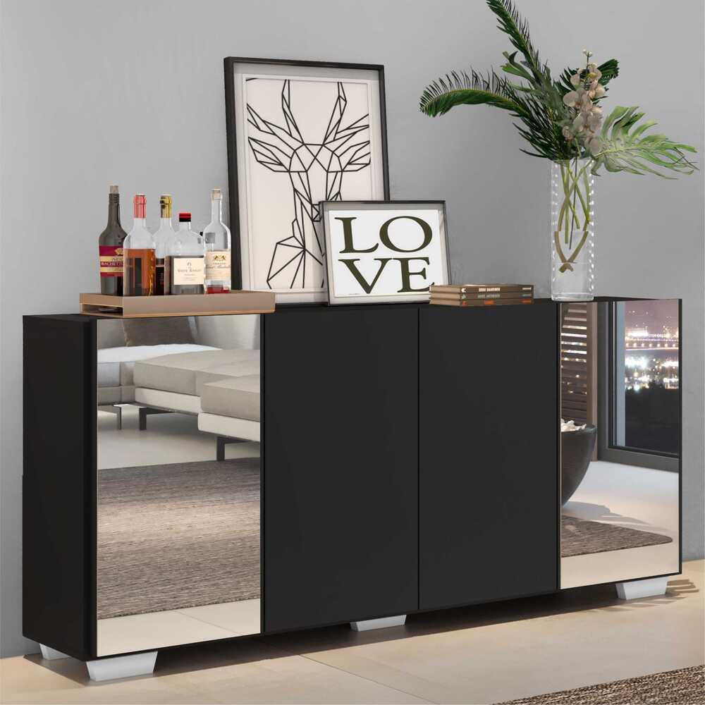 Aparador Buffet 4 Portas com Espelho e Pés Quadrados Vegas Multimóveis V3563 Preto/Branco