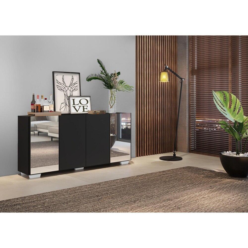 Aparador Buffet 4 Portas com Espelho e Pés Quadrados Vegas Multimóveis V3563 Preto/Branco