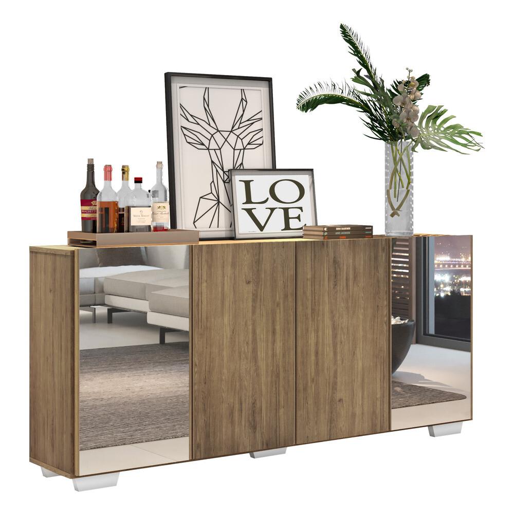 Aparador Buffet 4 Portas com Espelho e Pés Quadrados Vegas Multimóveis V3563 Rustic/Branco