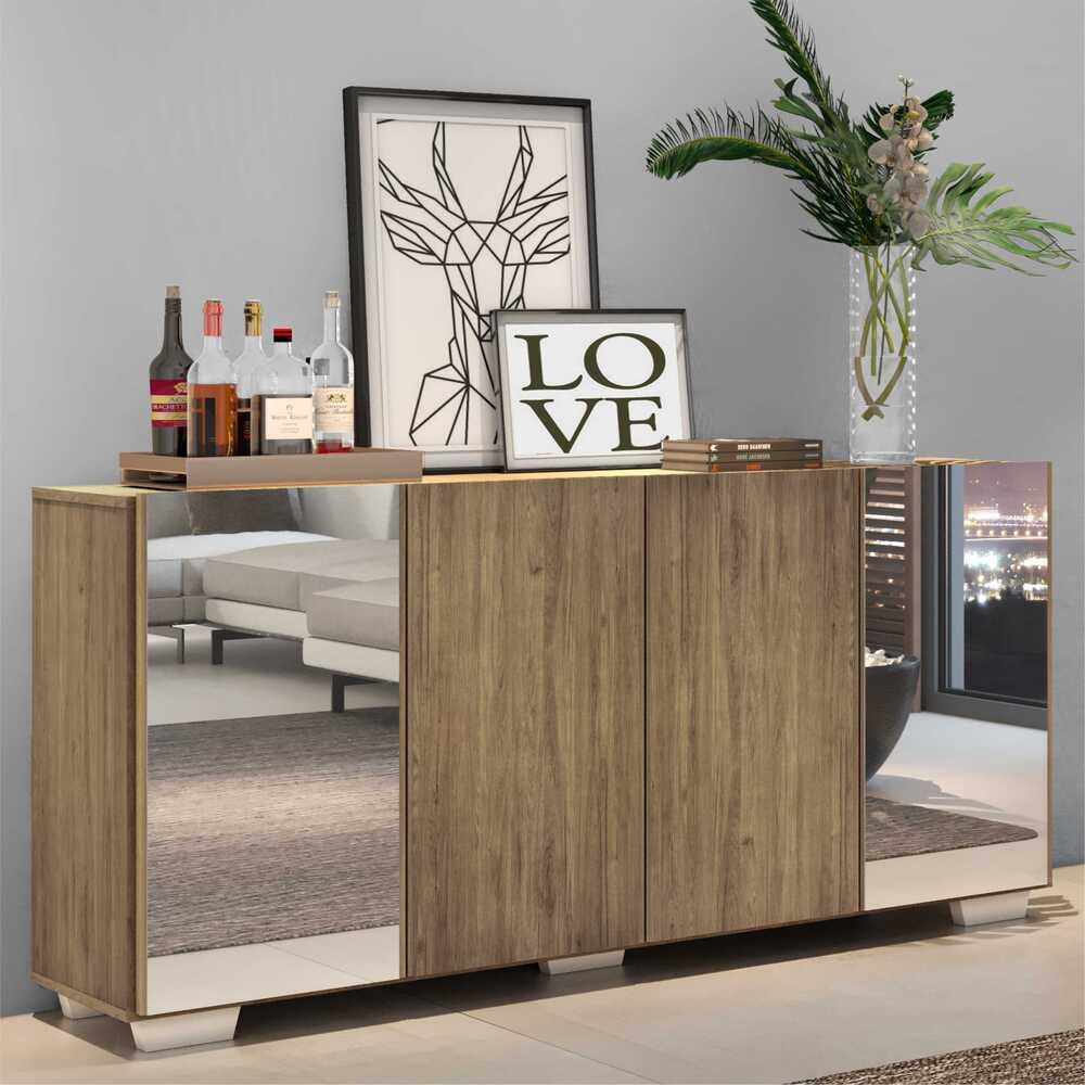 Aparador Buffet 4 Portas com Espelho e Pés Quadrados Vegas Multimóveis V3563 Rustic/Branco