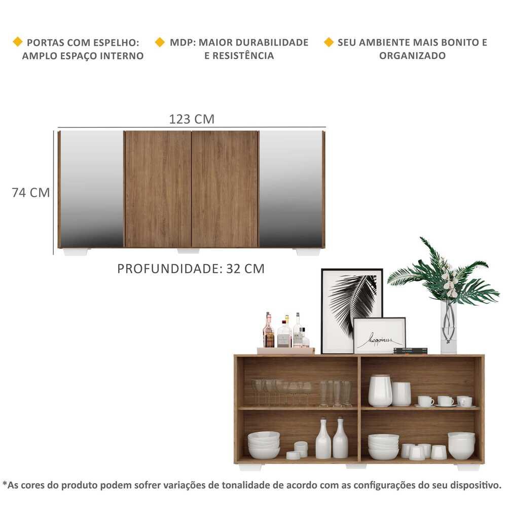 Aparador Buffet 4 Portas com Espelho e Pés Quadrados Vegas Multimóveis V3563 Rustic/Branco