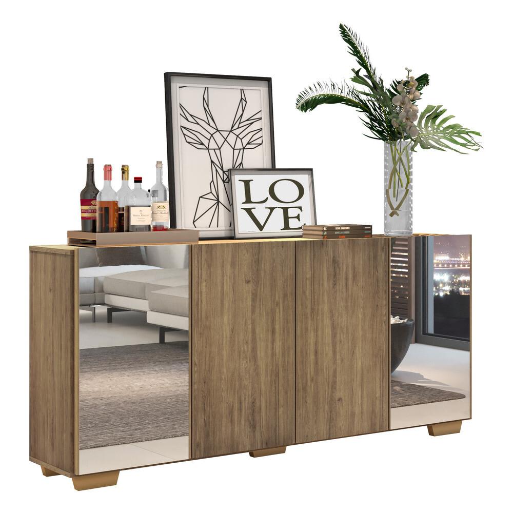 Aparador Buffet 4 Portas com Espelho e Pés Quadrados Vegas Multimóveis V3563 Rustic/Natural
