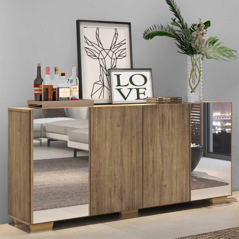 Aparador Buffet 4 Portas com Espelho e Pés Quadrados Vegas Multimóveis V3563 Rustic/Natural