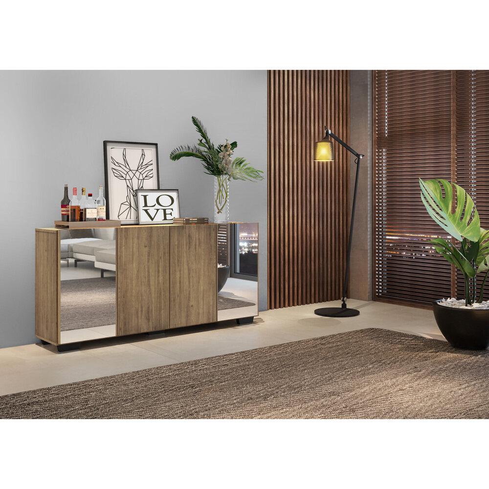 Aparador Buffet 4 Portas com Espelho e Pés Quadrados Vegas Multimóveis V3563 Rustic/Preto