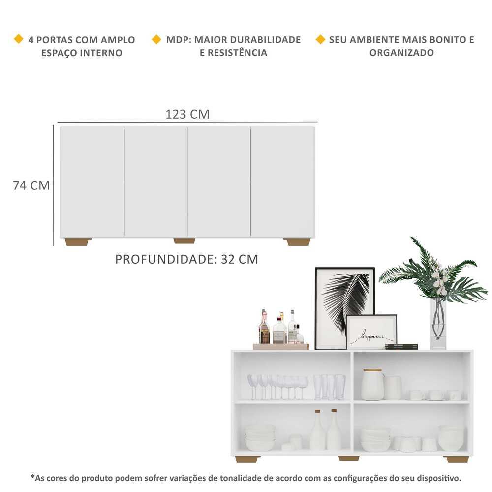 Aparador Buffet 4 Portas com Pés Quadrados Veneza Multimóveis V3557 Branco/Natural