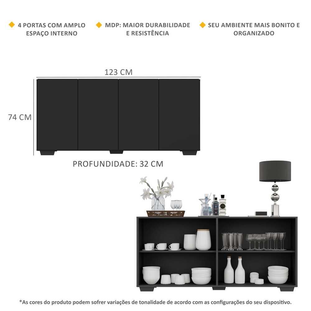 Aparador Buffet 4 Portas com Pés Quadrados Veneza Multimóveis V3557 Preto