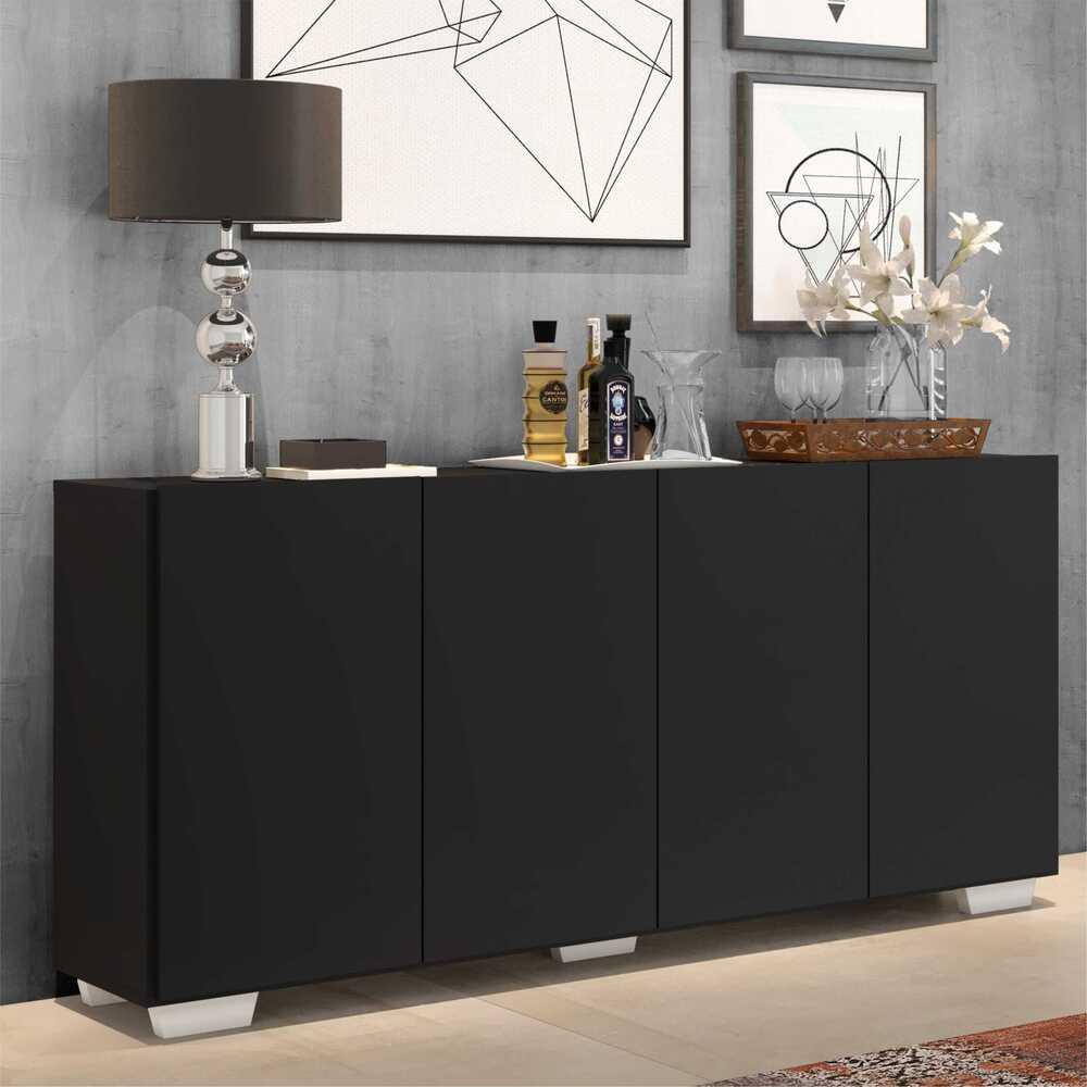 Aparador Buffet 4 Portas com Pés Quadrados Veneza Multimóveis V3557 Preto/Branco